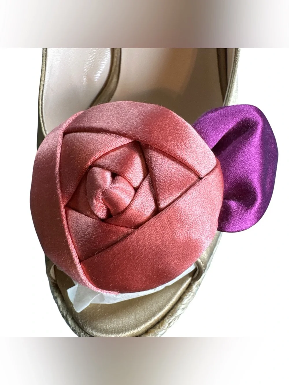 Prada Milano Champagne Satin  Rose Espadrille Wedge  Sandals Size 36 US 6